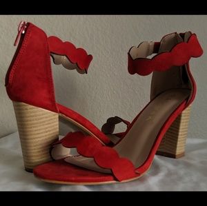 Open Toe Scalloped Block Heel Ankle Strap Sandals